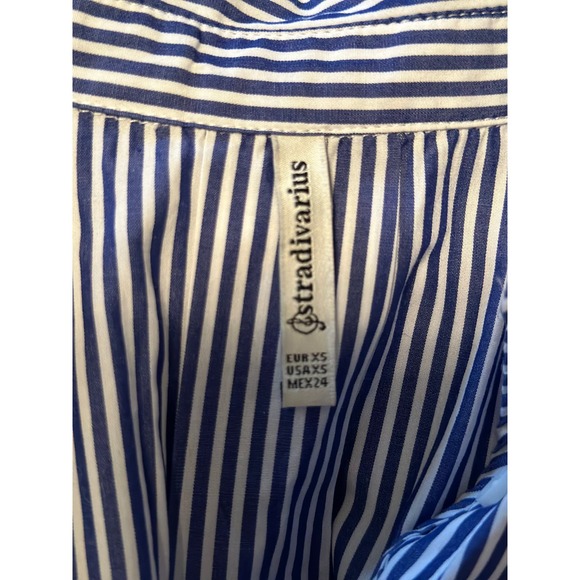Stradivarius Womens Shirt Button Up Long Sleeves Hi-Low Striped Blue‎ White XS - Picture 3 of 3